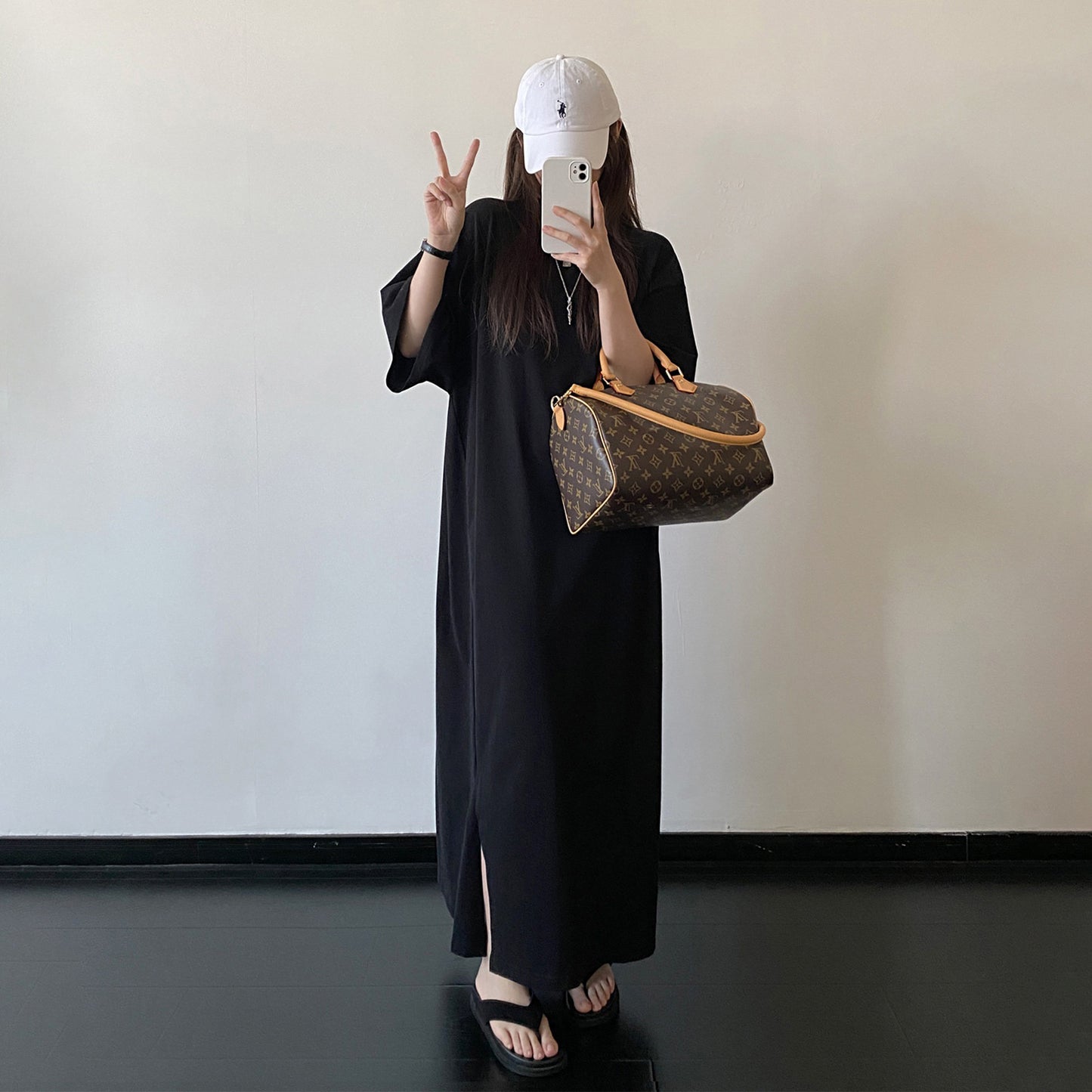 【ワンピース】スリットデザイン Tシャツワンピース ゆったりシルエット ルーズ リラックス 半袖 ロングドレス【FCシリーズ】