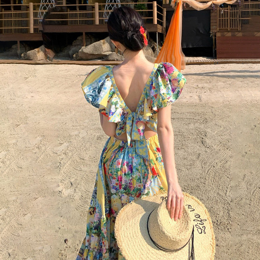 【ワンピース】リゾート風 アートプリントワンピース レディース 夏 Vネック ロング丈 ビーチワンピース ゆったり ノースリーブ シルエット【SHシリーズ】