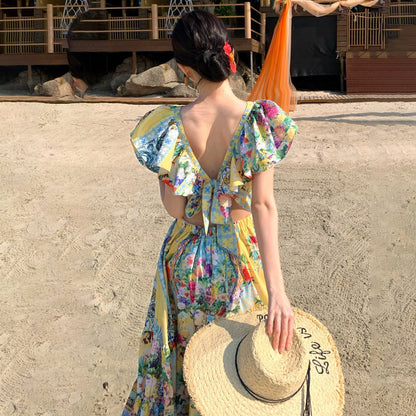 【ワンピース】リゾート風 アートプリントワンピース レディース 夏 Vネック ロング丈 ビーチワンピース ゆったり ノースリーブ シルエット【SHシリーズ】