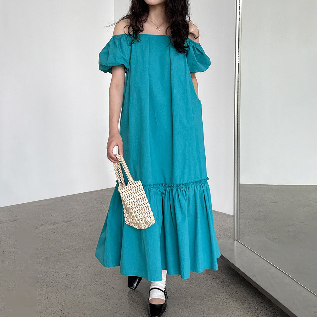 【ワンピース】韓国風スウィート 夏新作 オフショルダー パフスリーブ 半袖ワンピース【SNシリーズ】