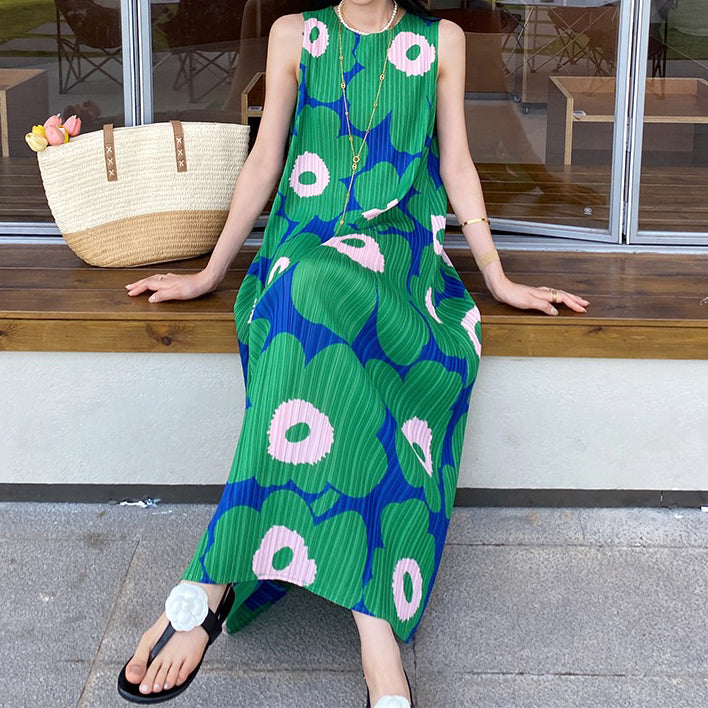 【ワンピース】フレンチ 海辺リゾート ビーチ プリーツプリント ノースリーブワンピース【SHシリーズ】