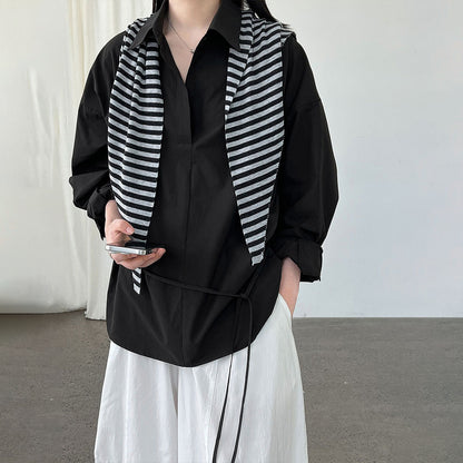 【トップス】韓国風 ポロカラー シャツ レディース 2025秋新作 ウエストリボン 美シルエット レトロブラウス【SNシリーズ】