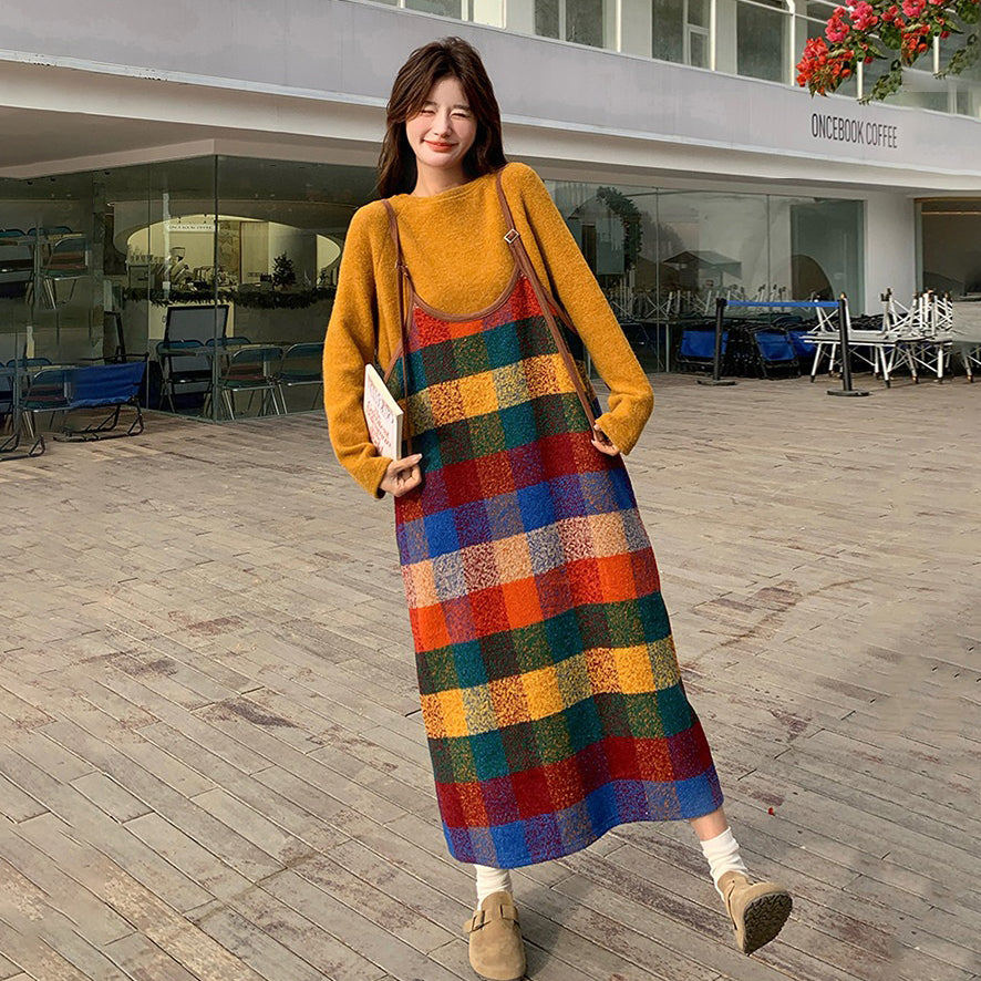 2点セット【セットアップ】韓国風 春秋 カラフルドーパミンチェック キャミワンピースセット レディース【SHシリーズ】【JZシリーズ】