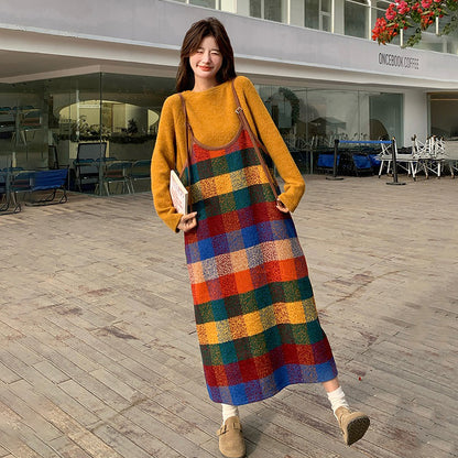 2点セット【セットアップ】韓国風 春秋 カラフルドーパミンチェック キャミワンピースセット レディース【SHシリーズ】【JZシリーズ】