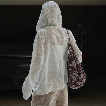 【アウター】韓国風 レース ジャカード×フード付き シャツ 涼しげで軽やか◎おしゃれ女子のための透け感サマートップス【JZシリーズ】