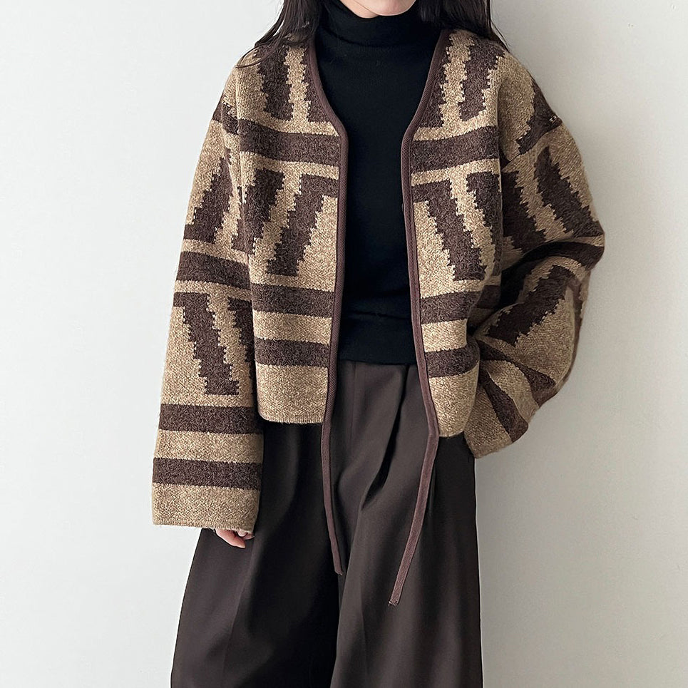 【アウター】秋新作 幾何柄 ニットカーディガン レディース レトロ ゆったり ショート丈【JZシリーズ】