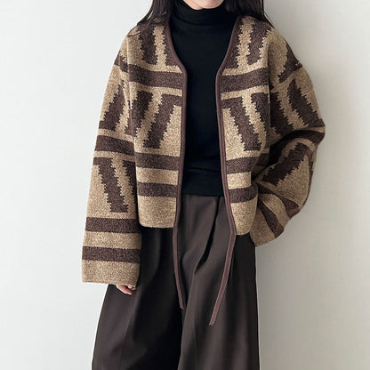 【アウター】秋新作 幾何柄 ニットカーディガン レディース レトロ ゆったり ショート丈【JZシリーズ】