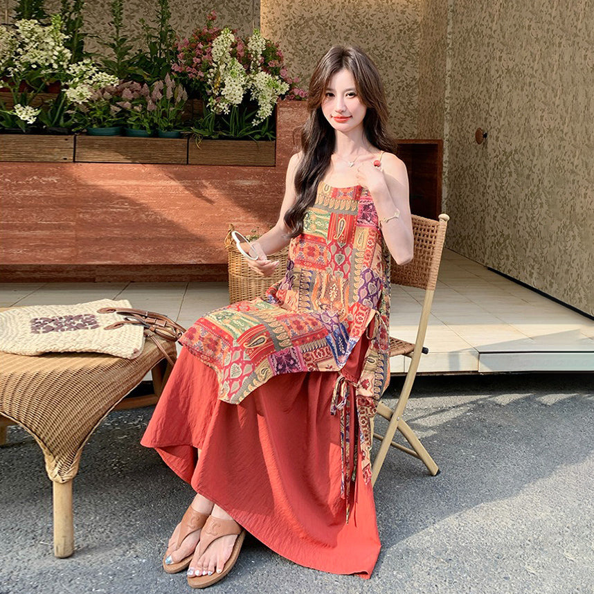 【ワンピース】民族風 夏新作 ゆったり＆細見え 花柄ノースリーブキャミワンピース【SHシリーズ】