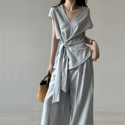 【セットアップ】【単品注文】夏 Vネック ノースリーブ シャツ + ワイドパンツ 2点上下セット 【SNシリーズ】