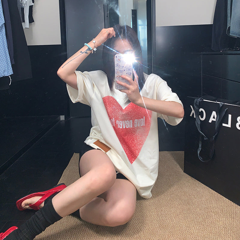 【トップス】古着風 ラブハートデザインTシャツ 綿100％ レディース オーバーサイズ 夏 半袖【FCシリーズ】