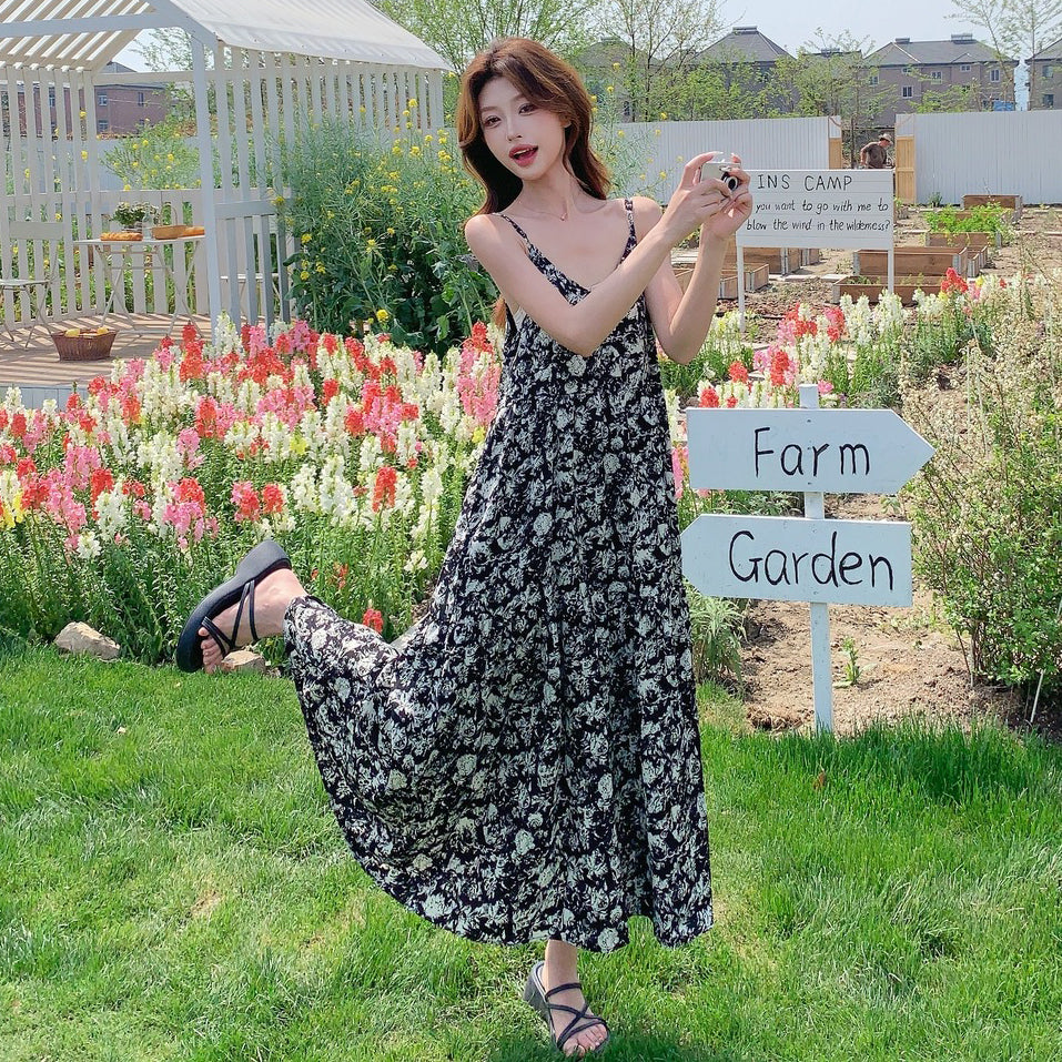 2点セット！【セットアップ】爽やか塩系コーデ◎デニムベスト＋花柄ノースリーブワンピースセット 韓国風リゾートスタイル【SHシリーズ】