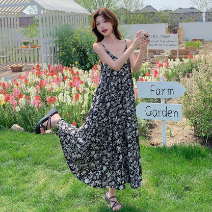 2点セット！【セットアップ】爽やか塩系コーデ◎デニムベスト＋花柄ノースリーブワンピースセット 韓国風リゾートスタイル【SHシリーズ】