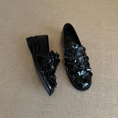 【シューズ】ミドルヒール フラワーデザイン ローファー レディース カジュアル 春秋コーデ パンプス