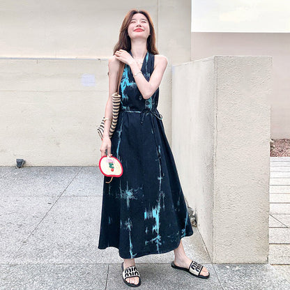 【ワンピース】夏新作 ブルータイダイ柄 ホルターネック ノースリーブワンピース エレガントリゾート風ロングドレス【SHシリーズ】