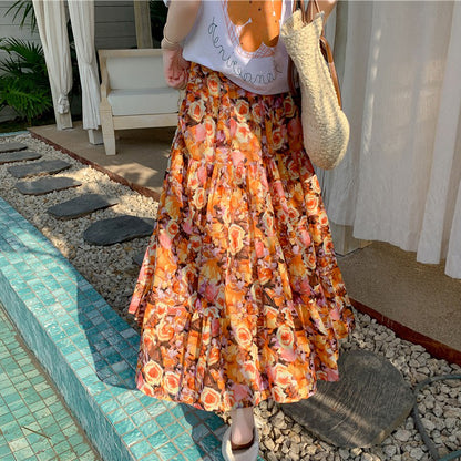 【ボトムス】花柄シフォンティアードスカート 夏 ハイウエスト Aライン  体型カバー リゾート・旅行におすすめ【SHシリーズ】