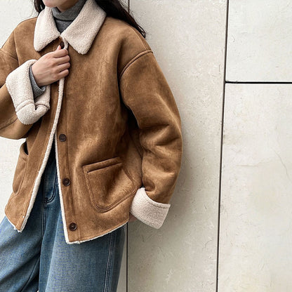 【アウター】春 秋 冬 ムートン風 折り襟 シープボア スエード調 ジャケット 【JZシリーズ】