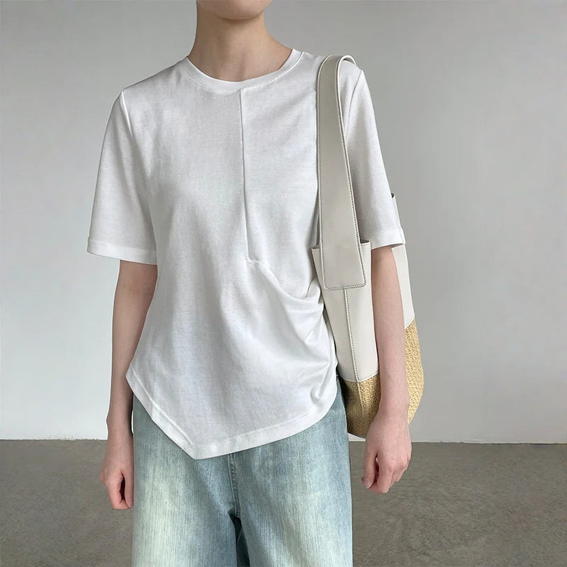 【トップス】ゆったり 細見え ボタン付き ラウンドネック 半袖 Ｔシャツ 【JZシリーズ】