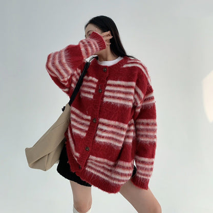 【トップス】クルーネック ボーダー リラックス感  ボタン付き セーター 【FCシリーズ】