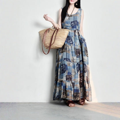 【ワンピース】コットンリネン 抽象柄プリント ゆったりした ノースリーブワンピース 【SHシリーズ】