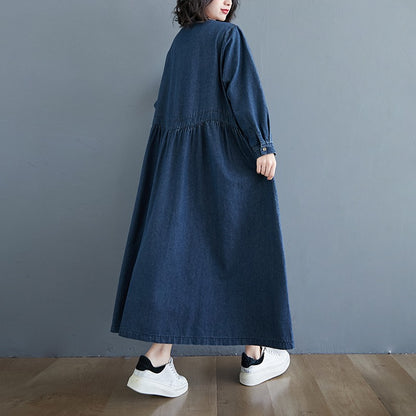 【ワンピース】大きいサイズ デニムワンピ 長袖 レディース 春秋コーデ ゆったり ロング丈 カジュアル 上品【JZシリーズ】