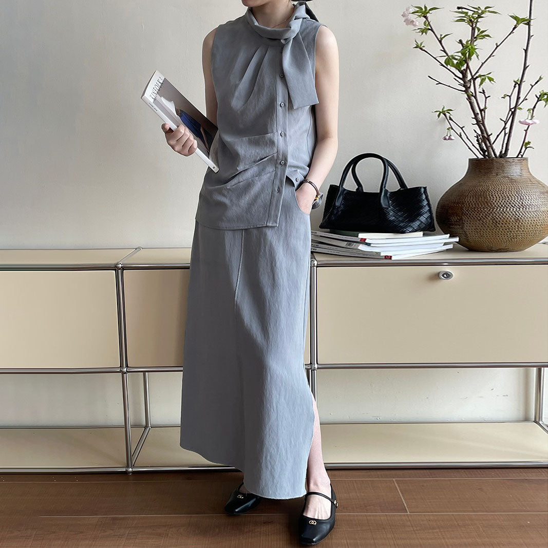 【下裝】【單筆訂單】夏季優雅無袖上衣+高腰半身裙2件套【JZ系列】 