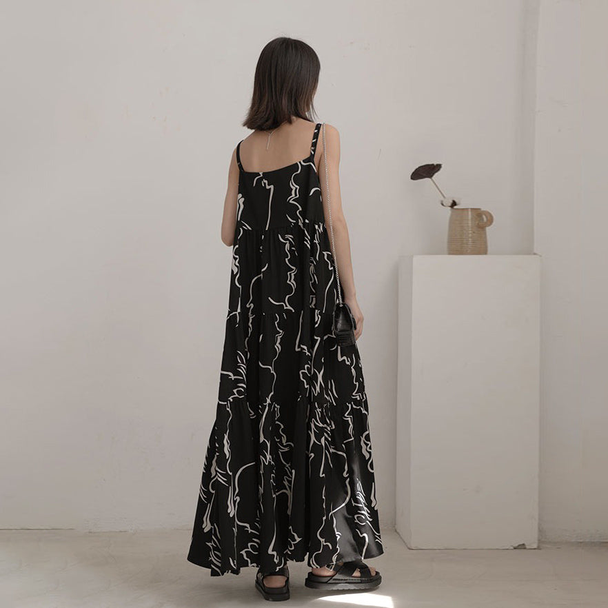 【ワンピース】韓国風 ヴィンテージ 気質 アブストラクトラインプリント ノースリーブワンピース【SHシリーズ】