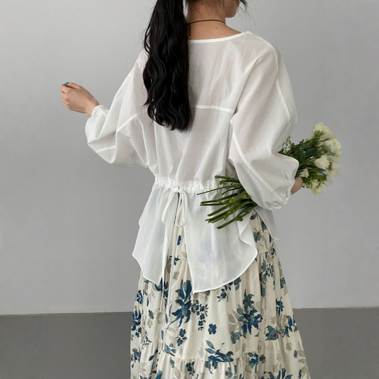 【トップス】リラックス感 バックリボン 薄手 細見え 長袖 ラウンドネック シャツ 【JZシリーズ】