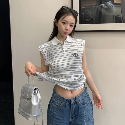 【トップス】アメリカンレトロ ボーダー柄 ポロカラーノースリーブTシャツ レディース カジュアル ストリート系 こなれ感【FCシリーズ】