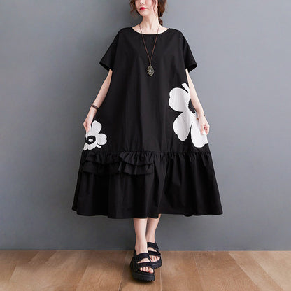 【ワンピース】大きいサイズ 花柄ワンピース レディース 夏 フリル切替 ゆったり フレア ミディ丈 体型カバー【AHシリーズ】