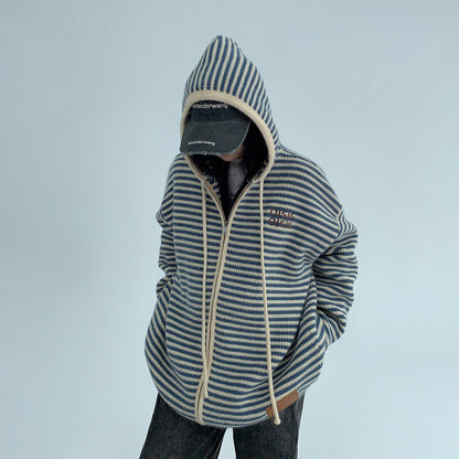 【トップス】ゆるレトロ感♡厚手ボーダーニットパーカー カーディガン レディース 冬の定番アイテム【FCシリーズ】