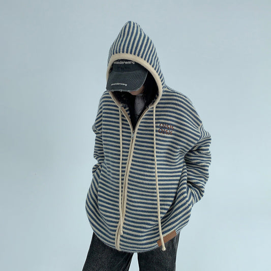 【トップス】ゆるレトロ感♡厚手ボーダーニットパーカー カーディガン レディース 冬の定番アイテム【FCシリーズ】