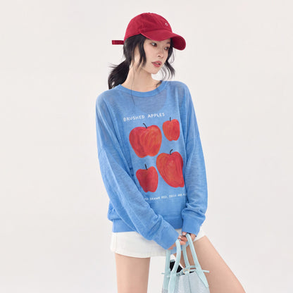 【トップス】🍎ブルーアップル柄ニットトップス レディース 秋新作 長袖 薄手 ゆったり 韓国風 Tシャツ【FCシリーズ】