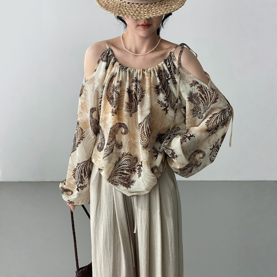 【トップス】小島のそよ風 水墨プリント ハイネック オフショルダー 若見え シャツ【SHシリーズ】