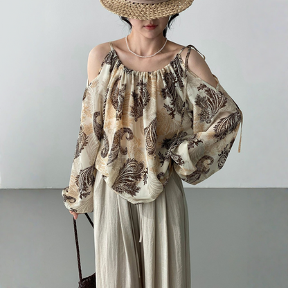 【トップス】小島のそよ風 水墨プリント ハイネック オフショルダー 若見え シャツ【SHシリーズ】