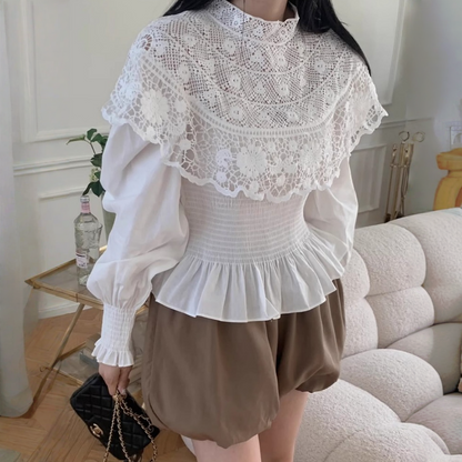 【トップス】春 秋 冬 フレンチ宮廷風 レース 刺繍 ギャザー シャツ 【JZシリーズ】