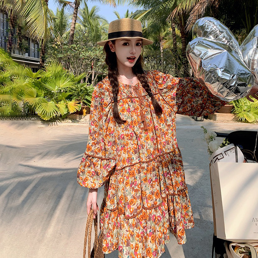 【ワンピース】ボヘミアン風 ファッション ビーチ 日焼け防止 フラワープリント 長袖ワンピース【SHシリーズ】