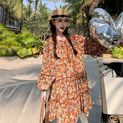 【ワンピース】ボヘミアン風 ファッション ビーチ 日焼け防止 フラワープリント 長袖ワンピース【SHシリーズ】
