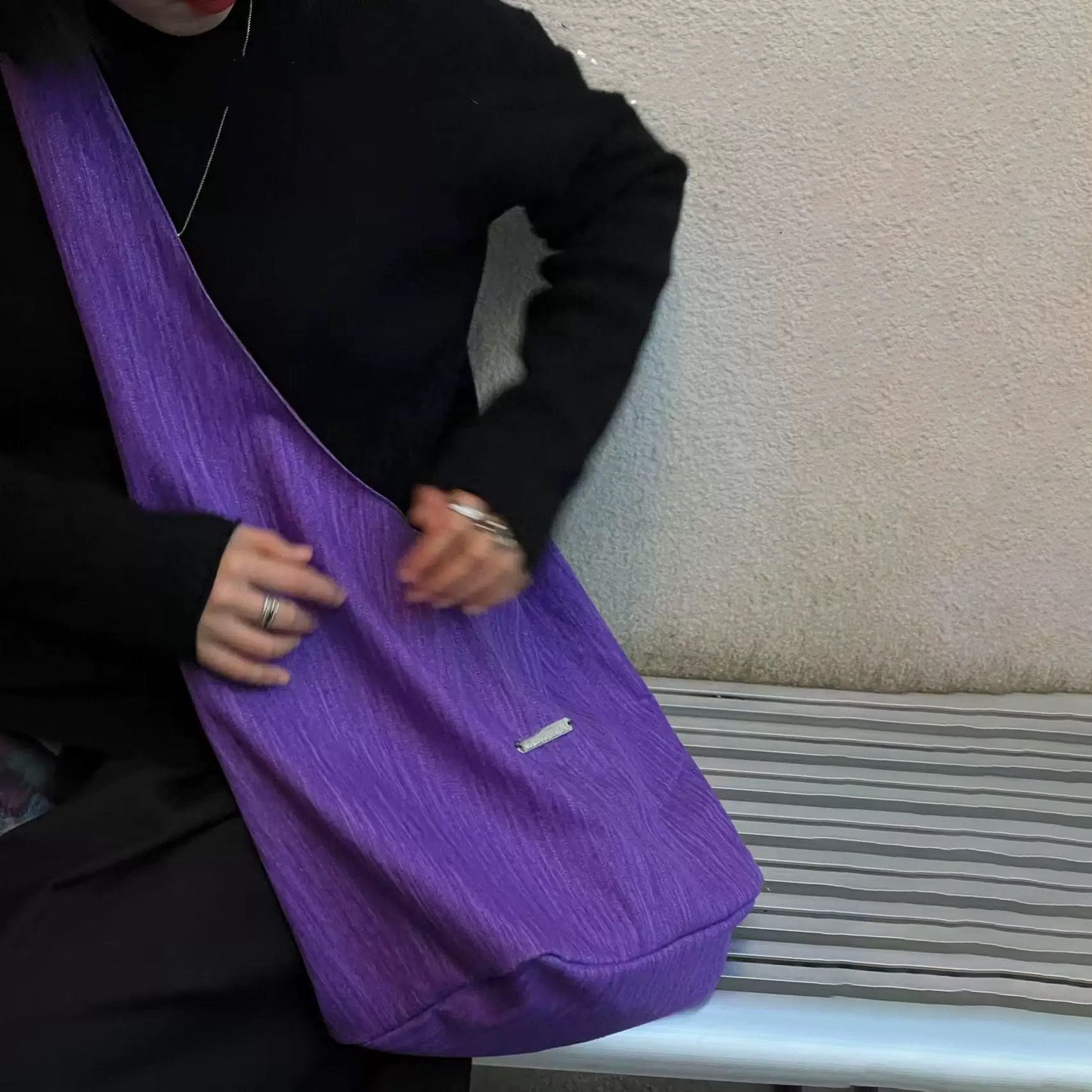 【バッグ】韓国風ゆるシルエット ワンショルダー斜めがけキャンバスバッグ パープルトート 大容量