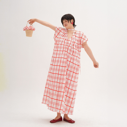 【ワンピース】チェック柄 Vネック ネックリボン付き ウエストマーク リゾート風 半袖 ワンピース 【JZシリーズ】