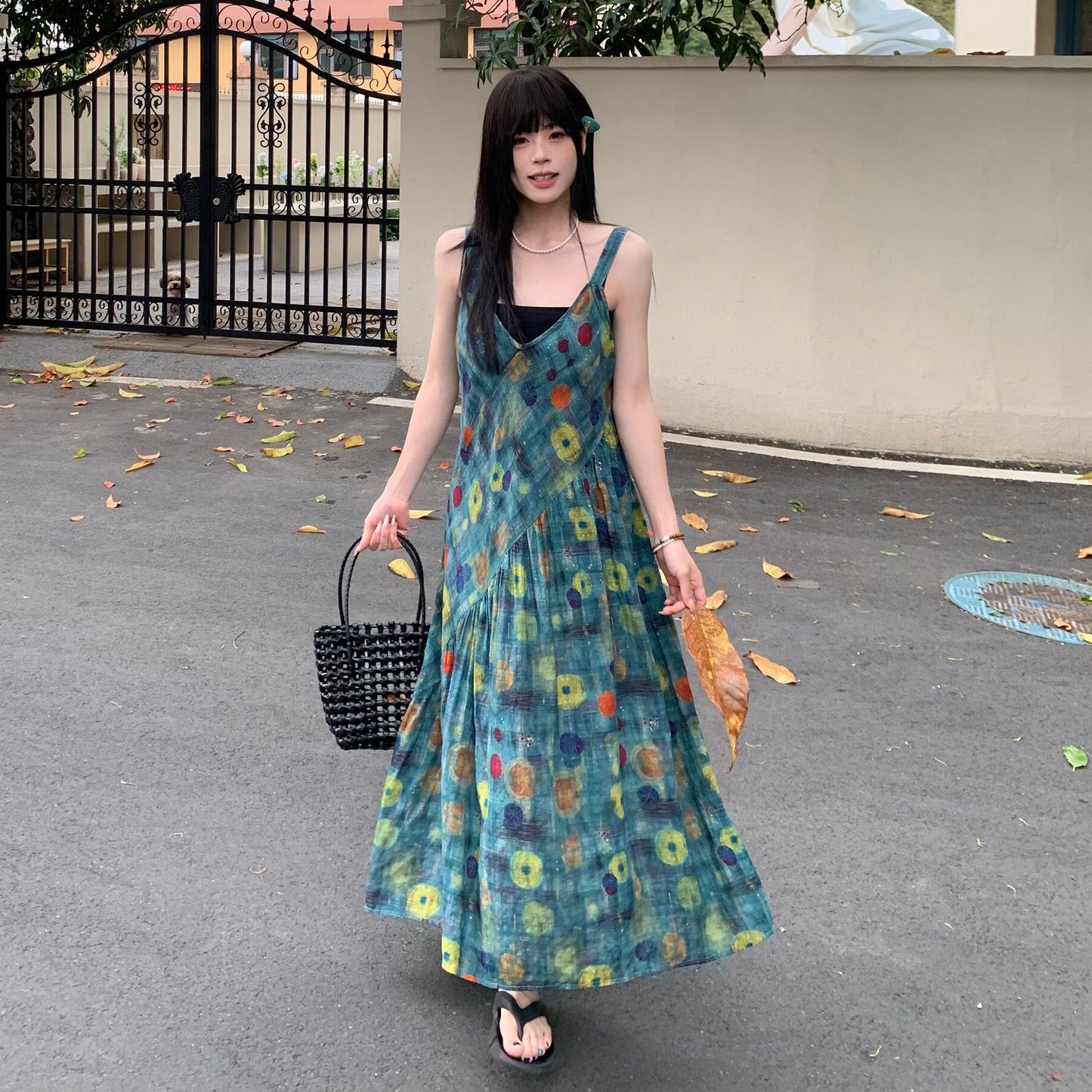 【ワンピース】オイルペイント柄 キャミワンピース レディース ノースリーブ 夏 ゆったり フレアロング丈 体型カバー リネン風 人気 リラックスコーデ【SHシリーズ】
