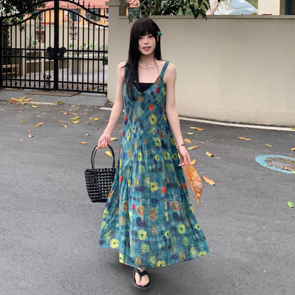 【ワンピース】オイルペイント柄 キャミワンピース レディース ノースリーブ 夏 ゆったり フレアロング丈 体型カバー リネン風 人気 リラックスコーデ【SHシリーズ】