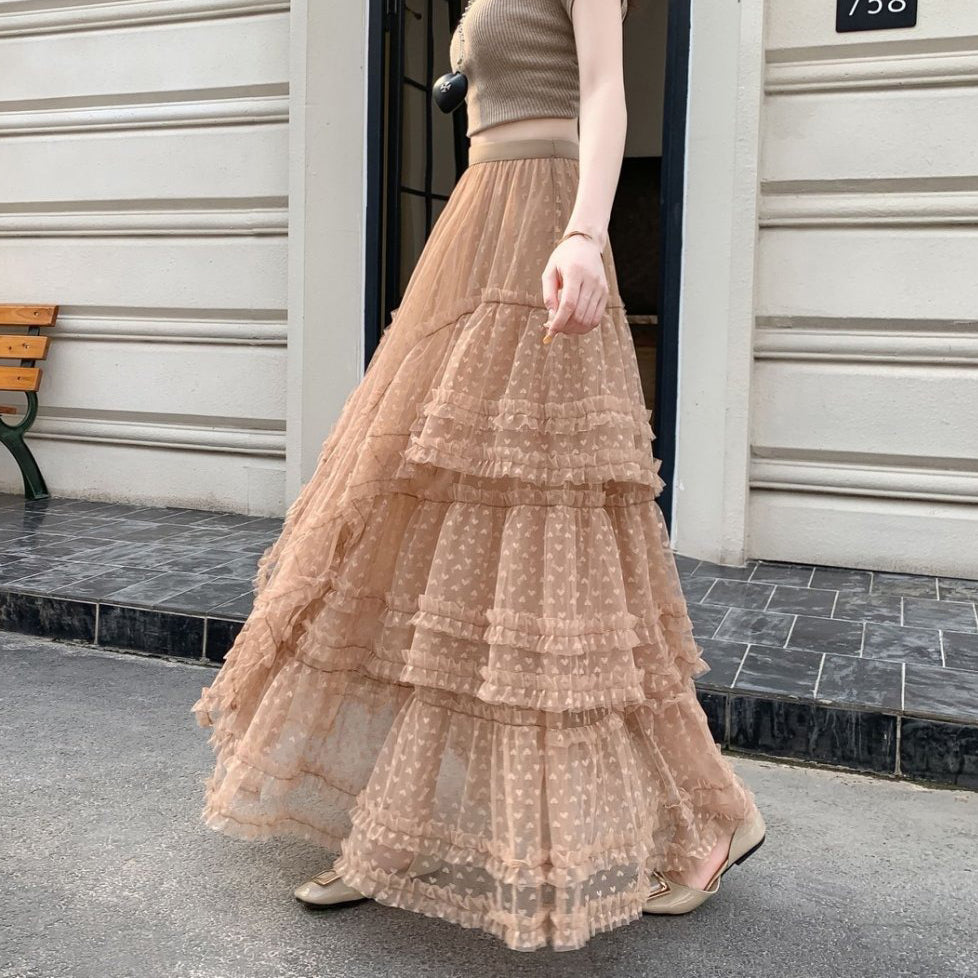 【ボトムス】チュールスカート ハート柄 フレアロング ふんわり大ボリューム 体型カバー 大きめサイズ ケーキスカート【JZシリーズ】