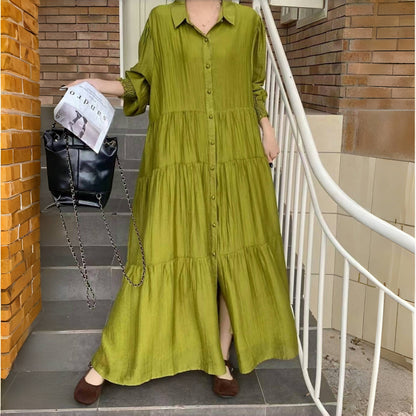 【ワンピース】7カラー 韓国風 ゆったり 大きめサイズ シングルボタン エレガント 長袖ワンピース
