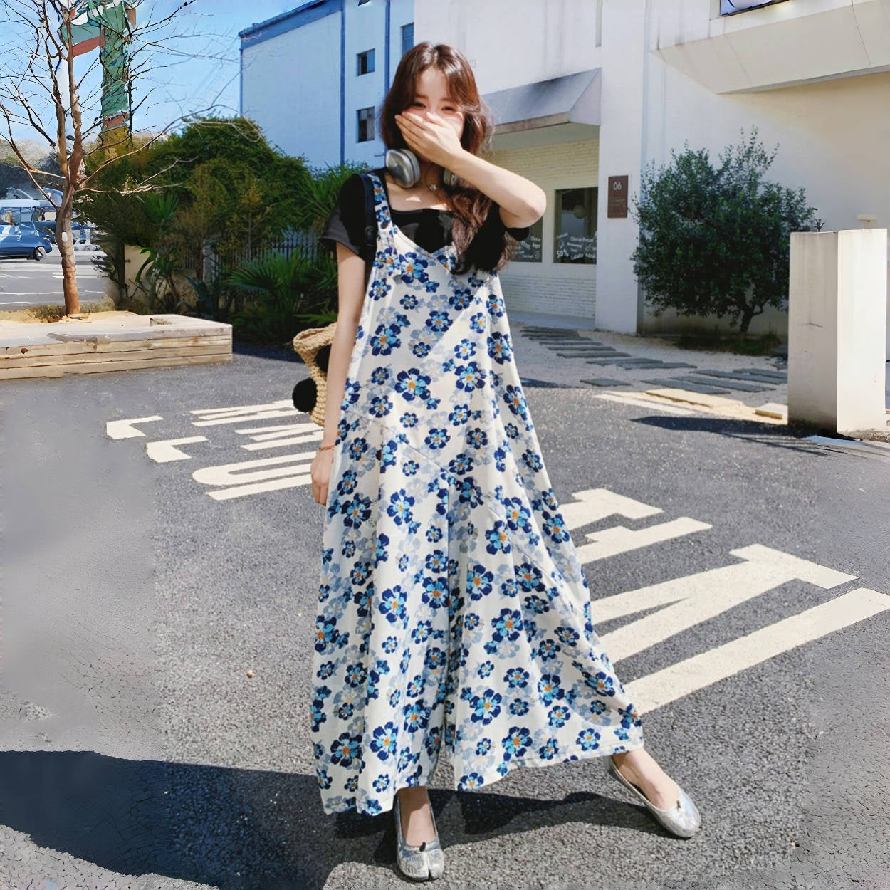 [洋裝] 夏季度假風格花卉圖案寬鬆休閒連身衣 [SH系列]