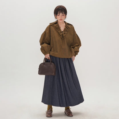 【トップス】レトロ文芸チェックシャツ レディース 秋新作 フリルVネック デザイン感 ゆったり長袖 着痩せトップス【JZシリーズ】