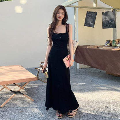 【ワンピース】ボタンデザイン キャミワンピース 夏新作 上品 ノースリーブ ロング丈 高見えワンピース【JZシリーズ】