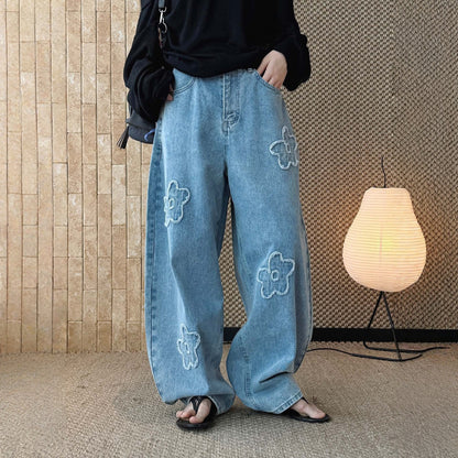 【ボトムス】デザイン性 ハイウエスト 花モチーフ アップリケ刺繍 デニムパンツ 【JZシリーズ】