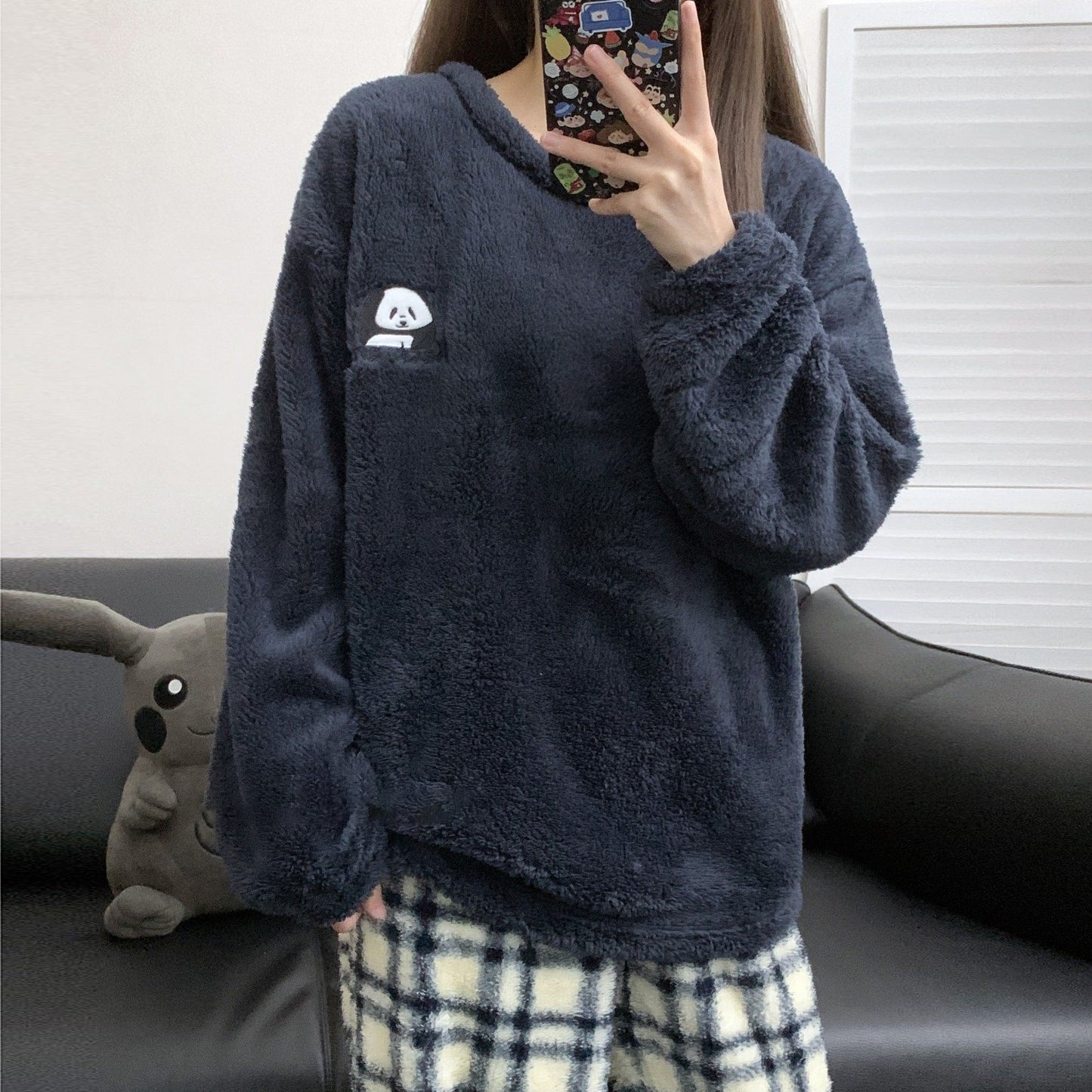 【インナー】チェック柄 パンダ コーラルフリース 厚手 保温 フランネル ルームウェア レディース/メンズ ペア対応 冬