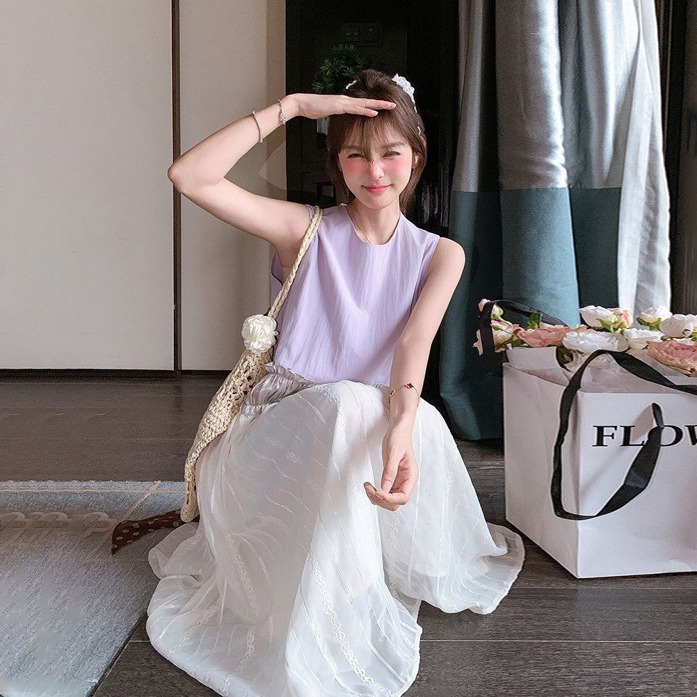 【ワンピース】韓国風  夏 シンプル  ゆったり 配色 ノースリーブワンピース