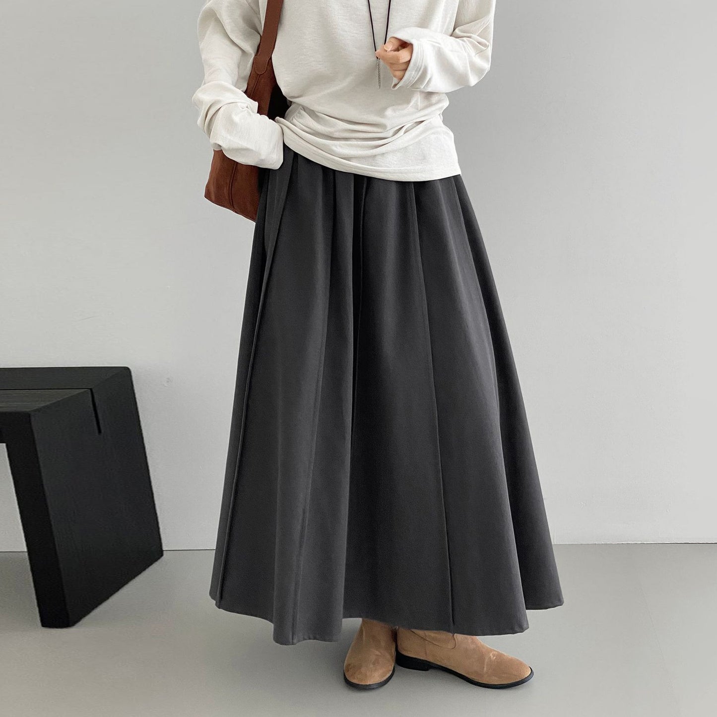 【ボトムス】秋冬おすすめスカート 韓国風 グレー ウエストゴム プリーツスカート レディース 上品 美シルエット Aラインフレア【JZシリーズ】